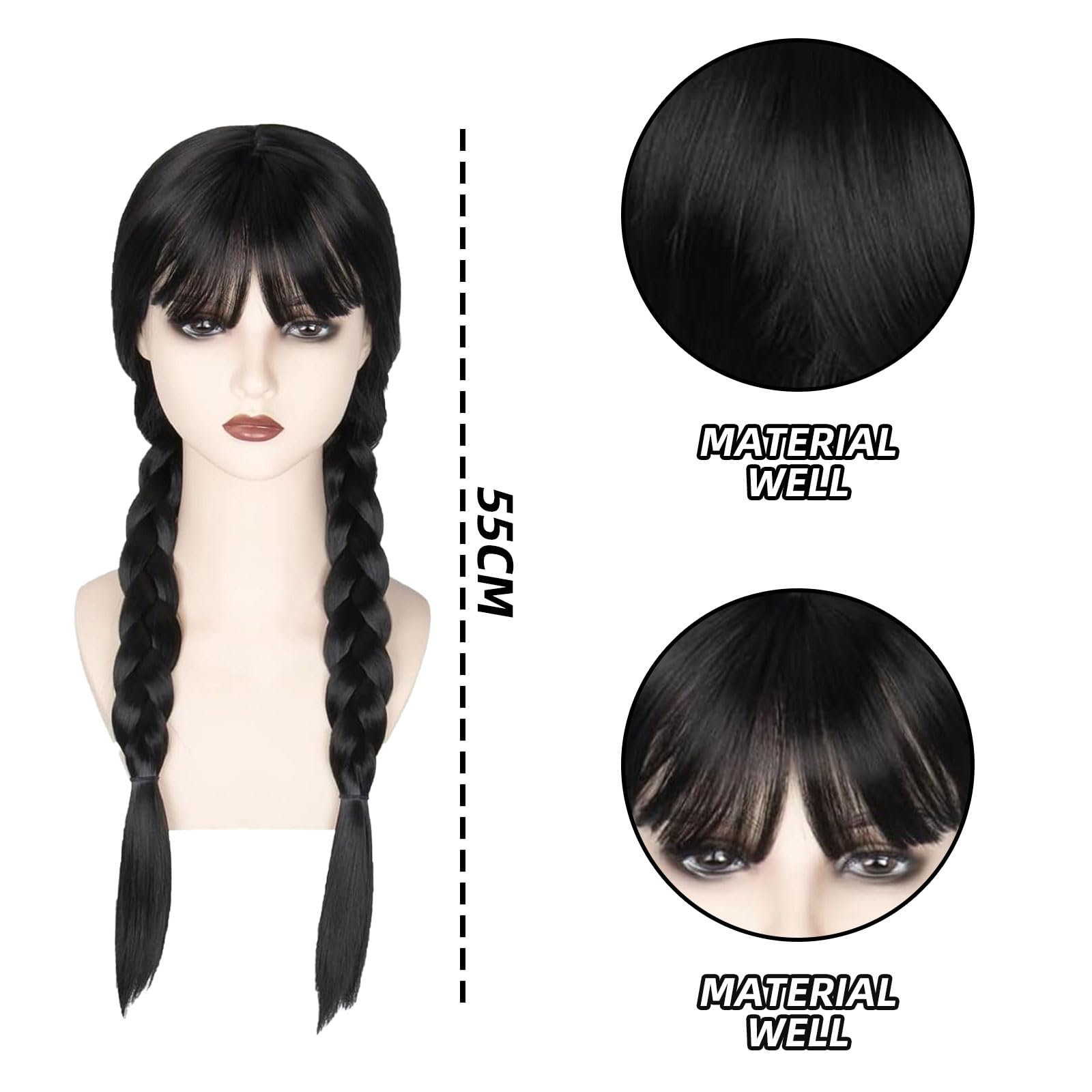 Parrucca Donna Addams, Halloween Parrucca Nera Lunga Intrecciate per Costumi Cosplay