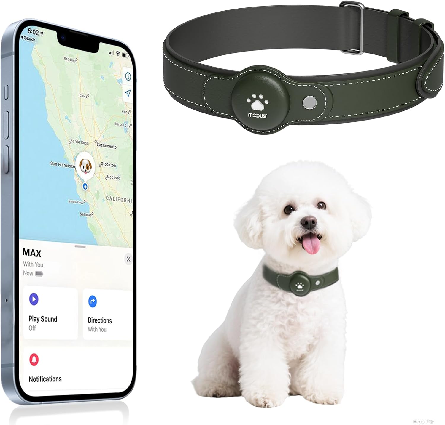GPS Tracker for Dogs, 2 in 1 Smart Pet Collar (Only iOS), No Monthly Fee Waterproof Dog Collar with Real-time Tracking, Anti-Lost, 365-Day Long Battery GPS Tracker for All Sized Dogs(Locator Included)