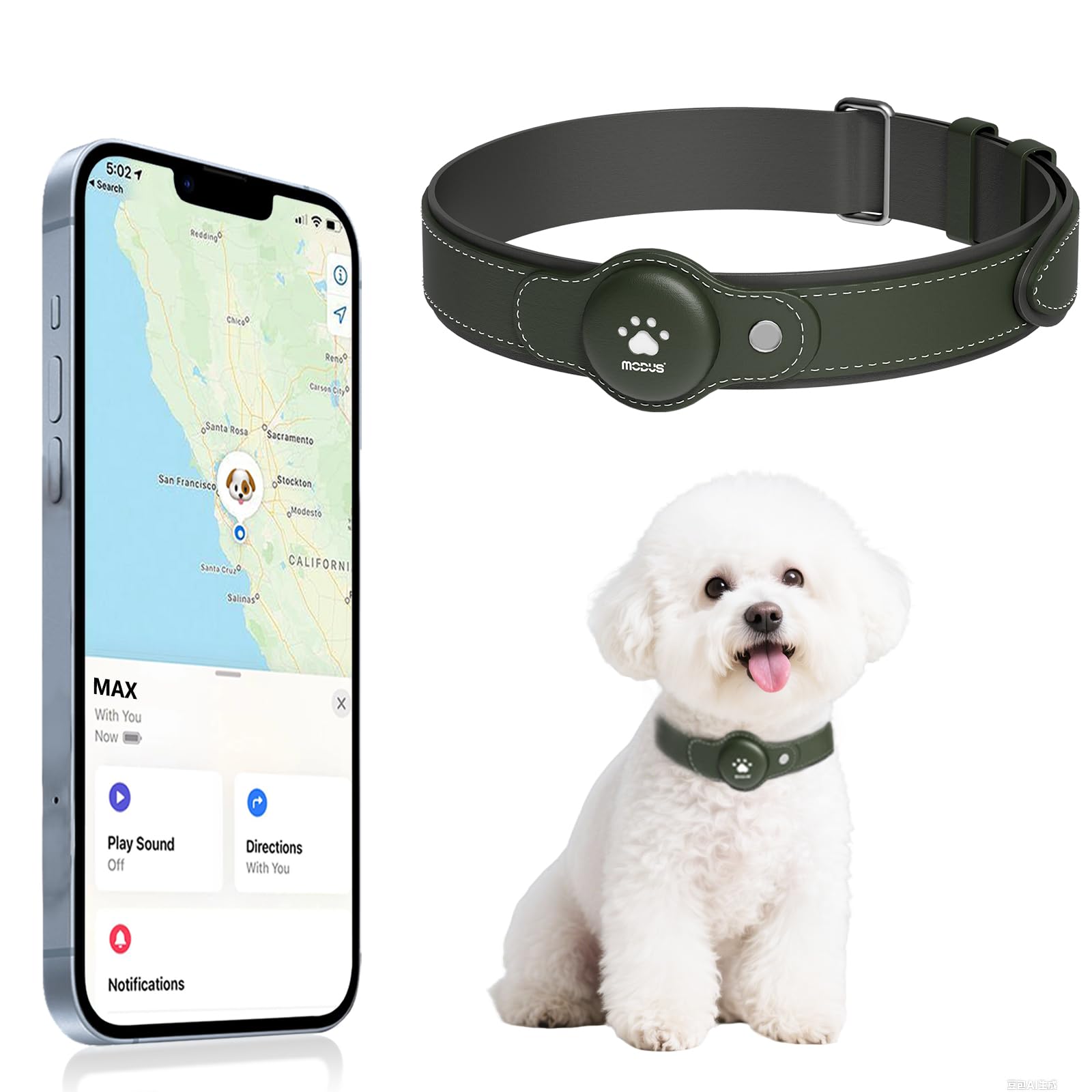 GPS Tracker for Dogs, 2 in 1 Pet Tracking Smart Collar (Only iOS), No Monthly Fee GPS Tracker Dog Collar, Real-time Location Comfortable PU Tracker Tag for Small, Medium Large Dogs(Locator Included)