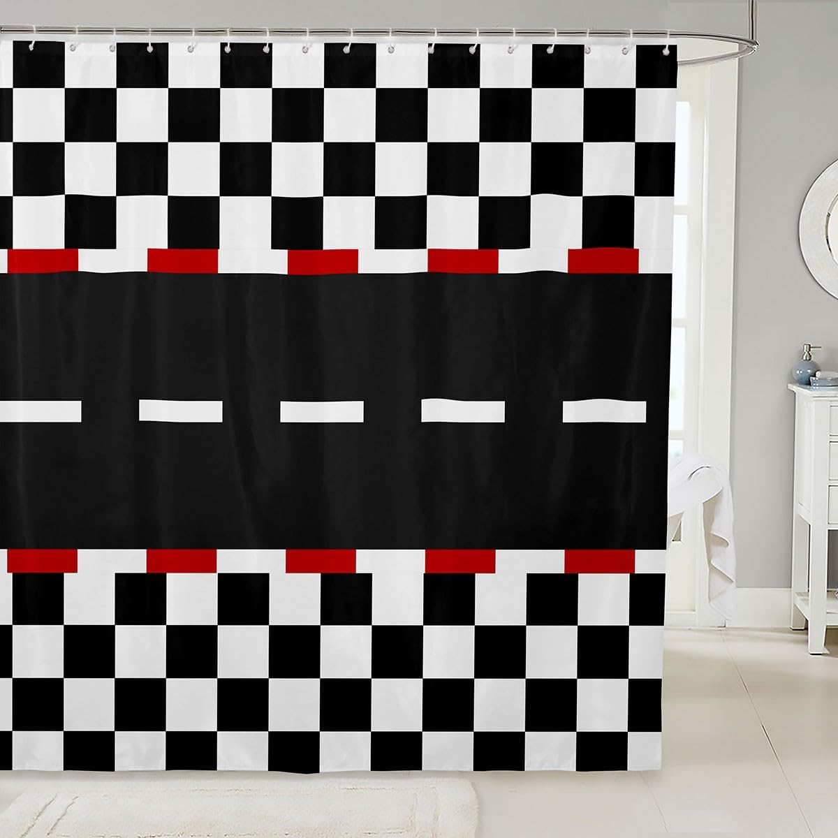 Castle Fairy Decorative Racing Track Shower Curtain Waterproof Polyester Fabric,Black White Grid Bath Curtain Home Bathroom Decor Hanging Curtain with