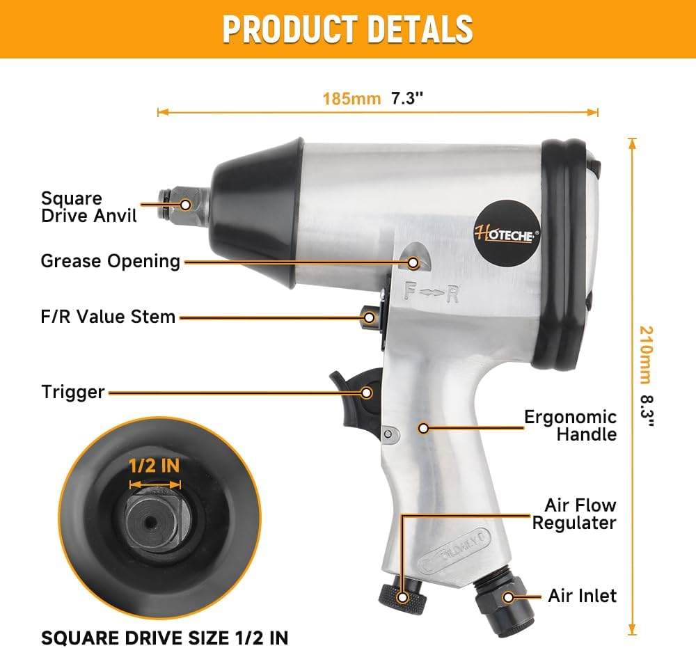 Hoteche 1/2-Inch Air Impact Wrench Kit, 243 ft-lb Max Torque Pneumatic Impact Gun, High Speed Lug Nut Remover, Rocking Dog Mechanism, Includes 3Pcs Sockets for Auto Repair & Tire Maintenance