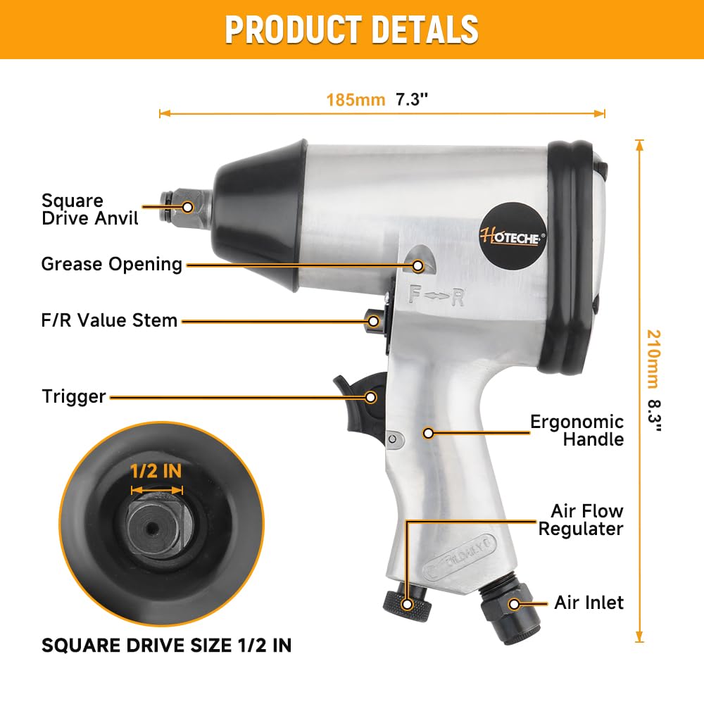 Hoteche Kit chiave pneumatica da 1/2 pollici, pistola a percussione pneumatica con coppia massima di 250 ft-libbre, rimozione dado capocorda ad alta velocità, meccanismo a dondolo per cani, include 3