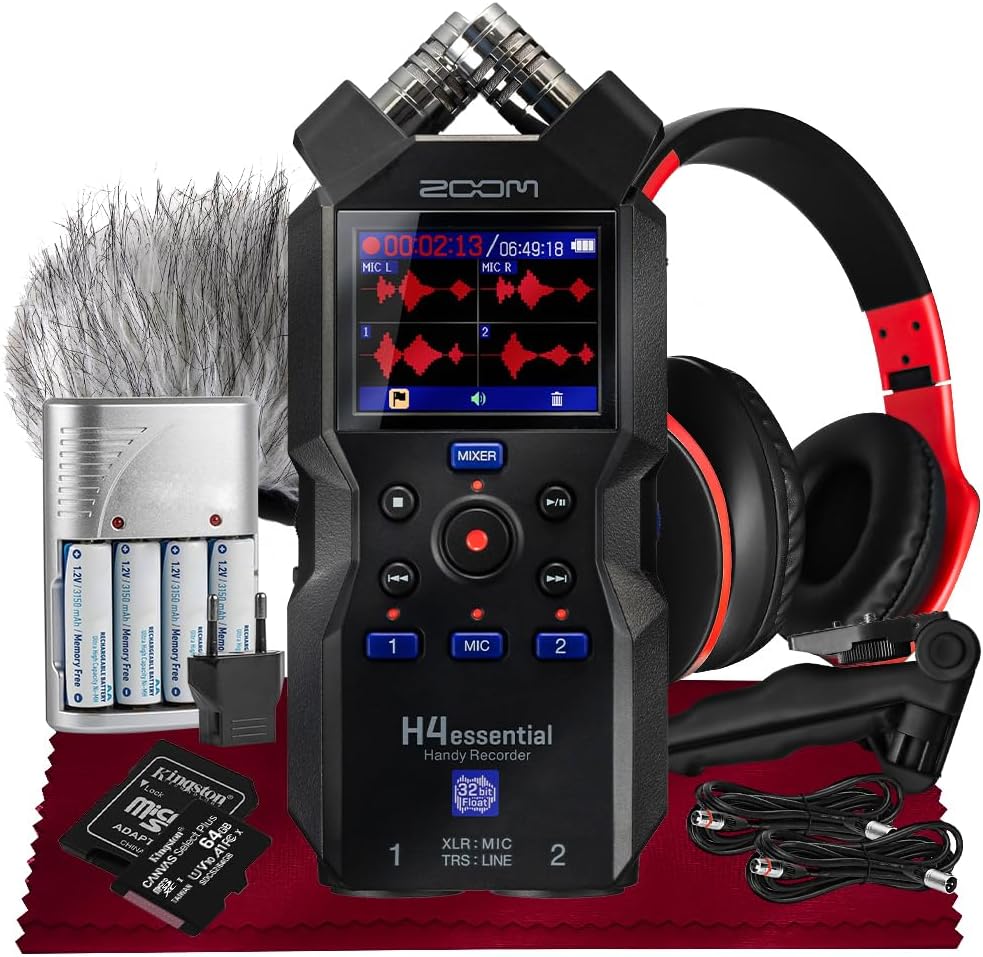 Zoom H4essential 4-Track Handy Recorder 32-Bit Float, XY Mic, Dual A/D Converters, XLR/TRS w/ 64GB SD, Tripod, Headphone w/Mic, Rechargeable Batteries & More - Ideal for Podcast, Music, Interviews