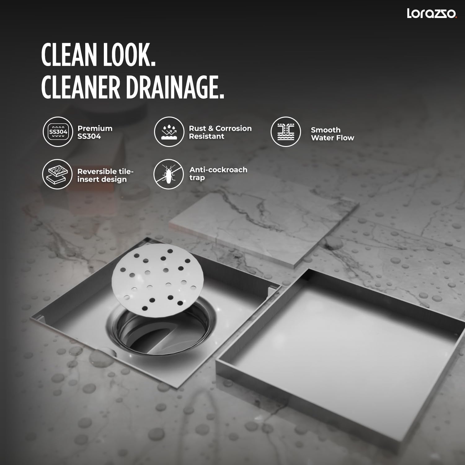 Lorazzo Linea Tile-Insert Shower Drain Channel 5x5 Inch | Built-in Cockroach Trap | SS304 Stainless Steel | Silver Finish | Bathroom Shower Floor Drain | 10 Year Warranty — Amazon image 4