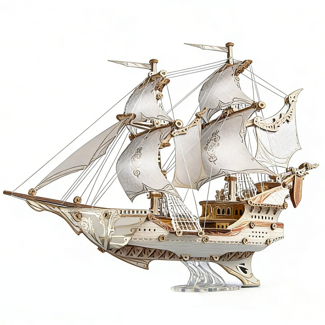 Helixsun 3D DIY Victorian-Style Wooden Fairy Ship Detailed Assembly Model Kit (White/386 Pcs/No Glue) — Twin-masted Warship Layout with A Four-Deck