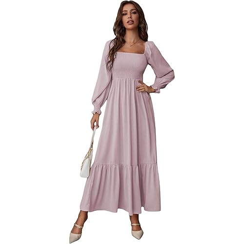 WDIRARA Women's Square Neck Flounce Shirred Ruffle Hem Elegant Long Sleeve Maxi Dress