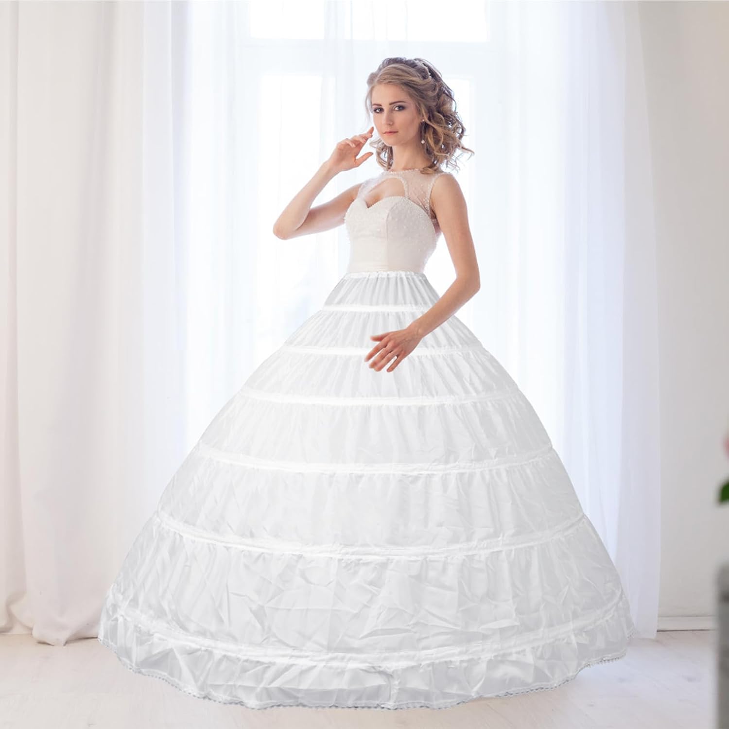 Women Crinoline Petticoat 6 Hoop Skirt for Women Under Dress, Adjustable Petticoat Skirt, Crinoline Underskirt for Wedding Gown, Ball Gown, and Formal Dresses White