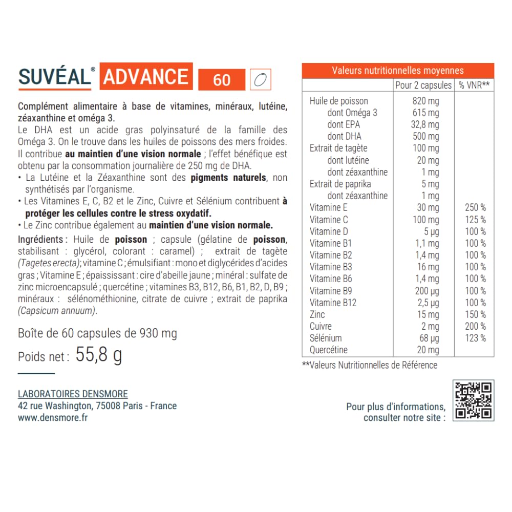 Densmore - SUVEAL Advance 1 mois - Complément Alimentaire Ophtalmologie à base d’Omega 3 (DHA), Lutéine, Zéaxanthine, Quercétine, Vitamines B, Zinc - Formule Ultra-Complète vision - Fabriqué en France