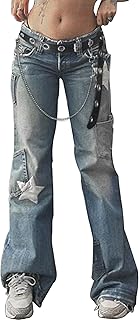 DINGJIUYAN Low Waist Jeans Women Y2k Wide Leg Plus Size Denim Pants Pockets Stiching Grunge Star Jeans with Belt