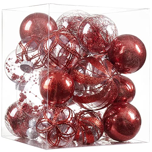 Clear Christmas Ball Ornaments,24ct Shatterproof Plastic Decorative Christmas Ornaments Hanging Xmas Tree Baubles Set with Stuffed Delicate Glittering Decorations for Holiday Party Home Decor (Red) - image 1