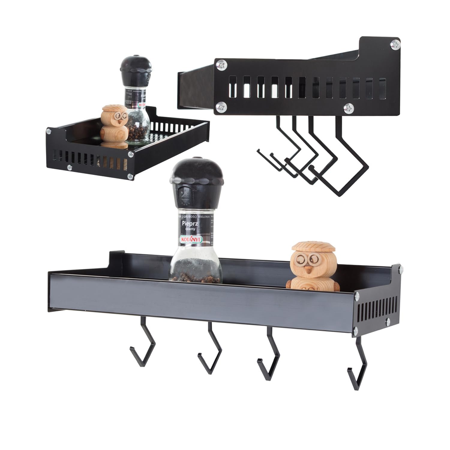 JIALTO Aluminum Wall Mounted Adhesive Kitchen Rack, Punch Free Folding Shelf Organizer Hanging Wall Mounted Spice Rack with 4 Removable Hooks,Bathroom Shelf for Wall Mount Shelf Rack (Black)