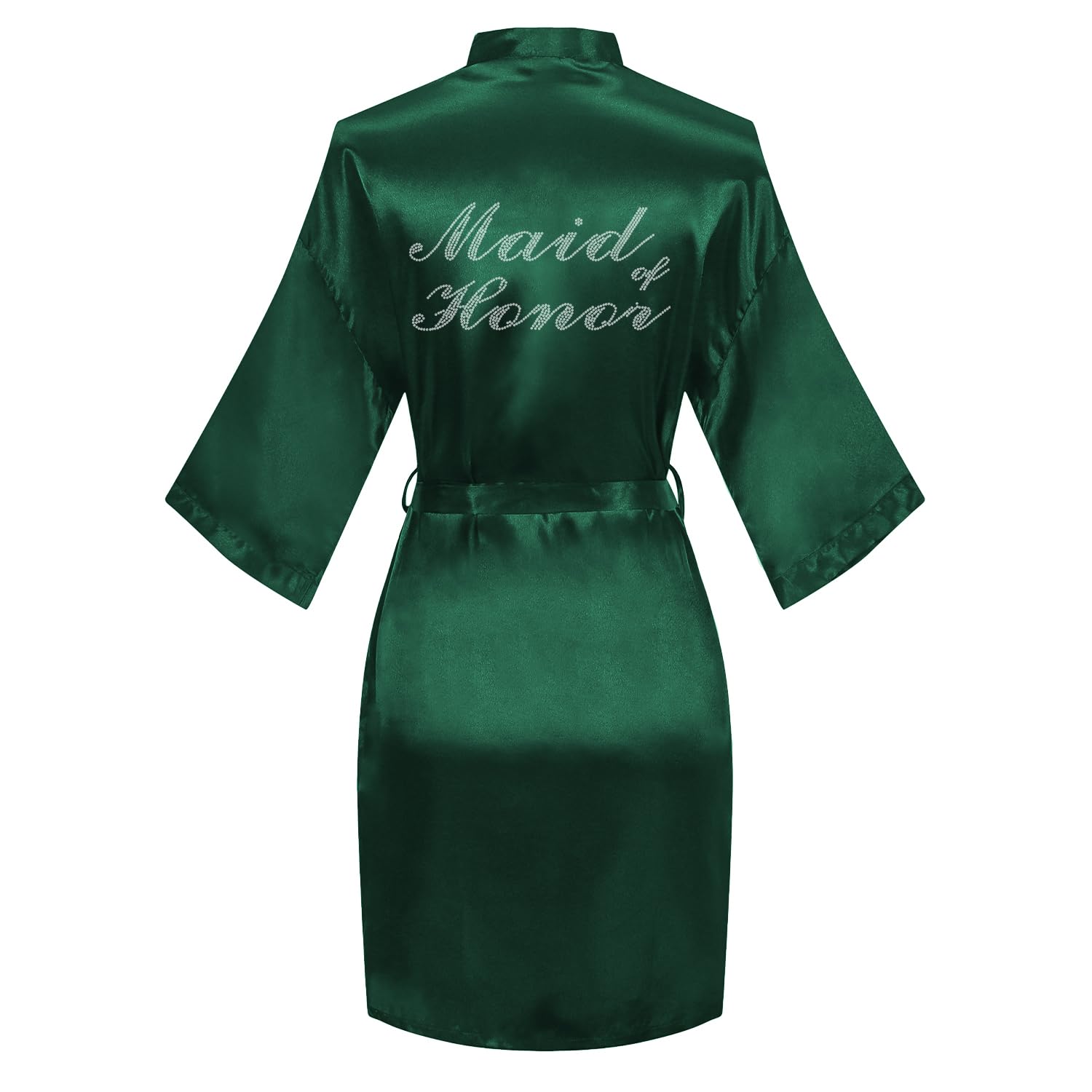 Women's Satin Robe Bride Bridesmaid Short Kimono Robes with Silver Rhinestones for Wedding Party Getting Ready