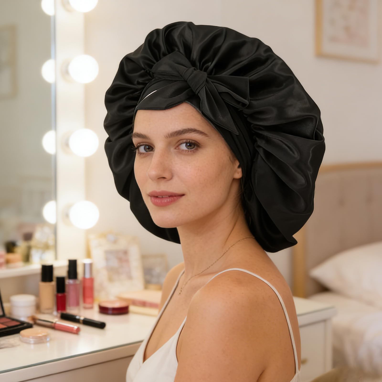 2 Stück Satin Bonnet, Weiche Kopfhaube Schlafhaube Seide, Nacht Schlaf Mütze, Bonnet Seide für Damen und Mädchen