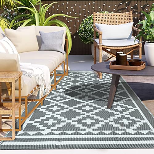 Capslpad Outdoor-Teppich, 120 x 180 cm, Kunststoff, Strohhalm, Terrassenteppich, wendbar, wasserdicht, für Wohnmobil, Camping, Terrasse, Strand, Picknick, BBQ, Grau Cover