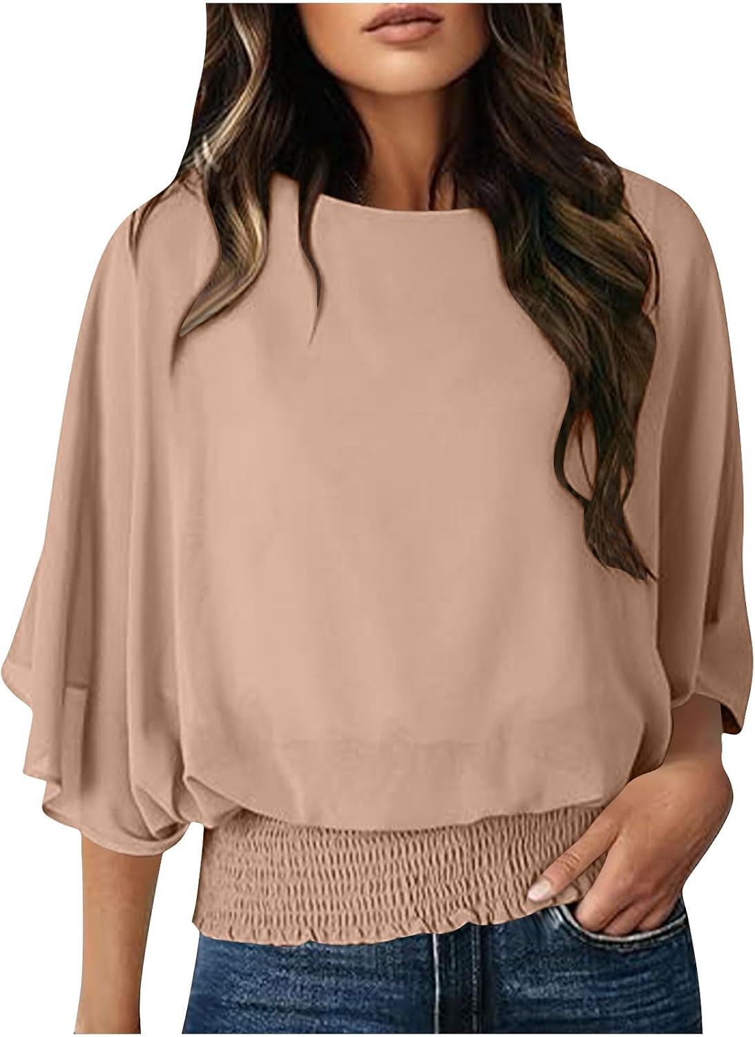 Women's 3/4 Sleeve Blouses Round Neck Dressy Business Casual Ruffled Tops Trendy Summer Fall Loose Fit Work Shirts