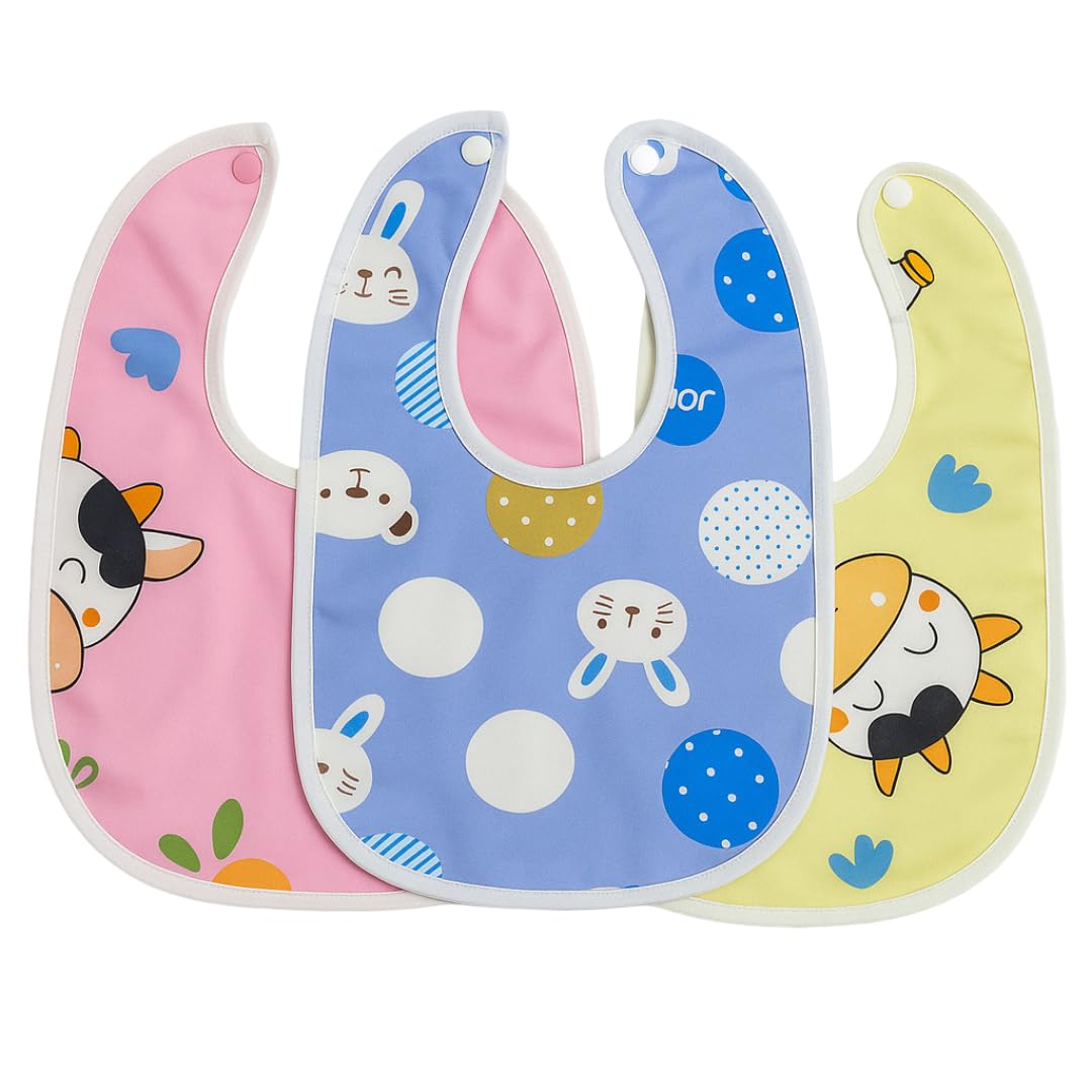 Velvet Waterproof Baby Bibs with Hood & Buckle | Reusable Washable Feeding Bib Set for Babies & Toddlers, Set of 3, Assorted Print Bibs for Baby Boys & Girls-image-10