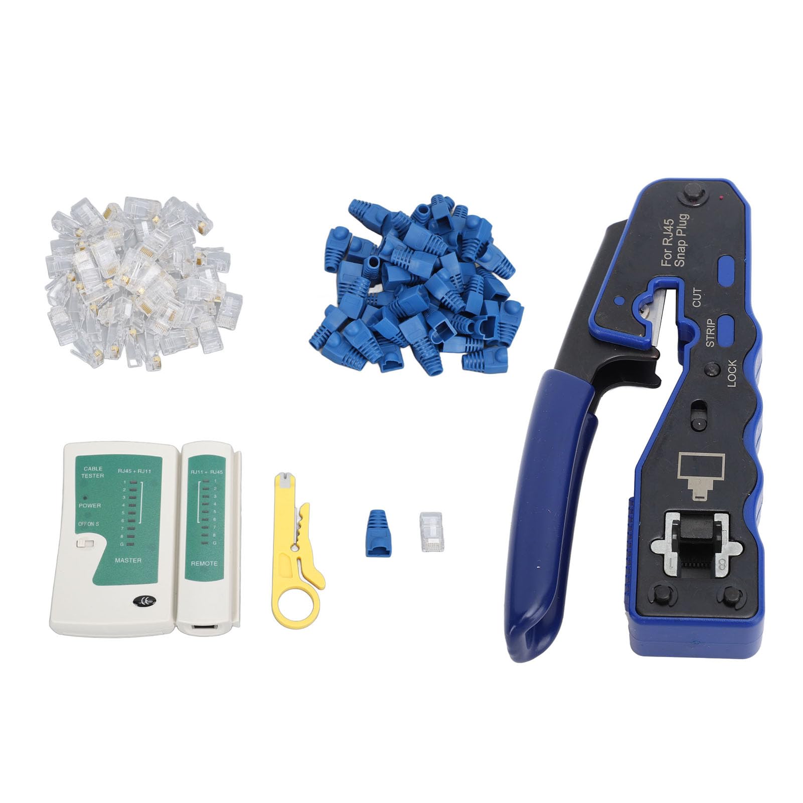 Fockety Kit Crimpatrice RJ45, Crimpatrice Ethernet Passante per Cavi Cat5, Cat5e e Cat6 con Connettori 8P8C, per Cavi RJ45, RJ11, RJ12, Crimpatrice e Tester Cat6, Crimpatrice Passante