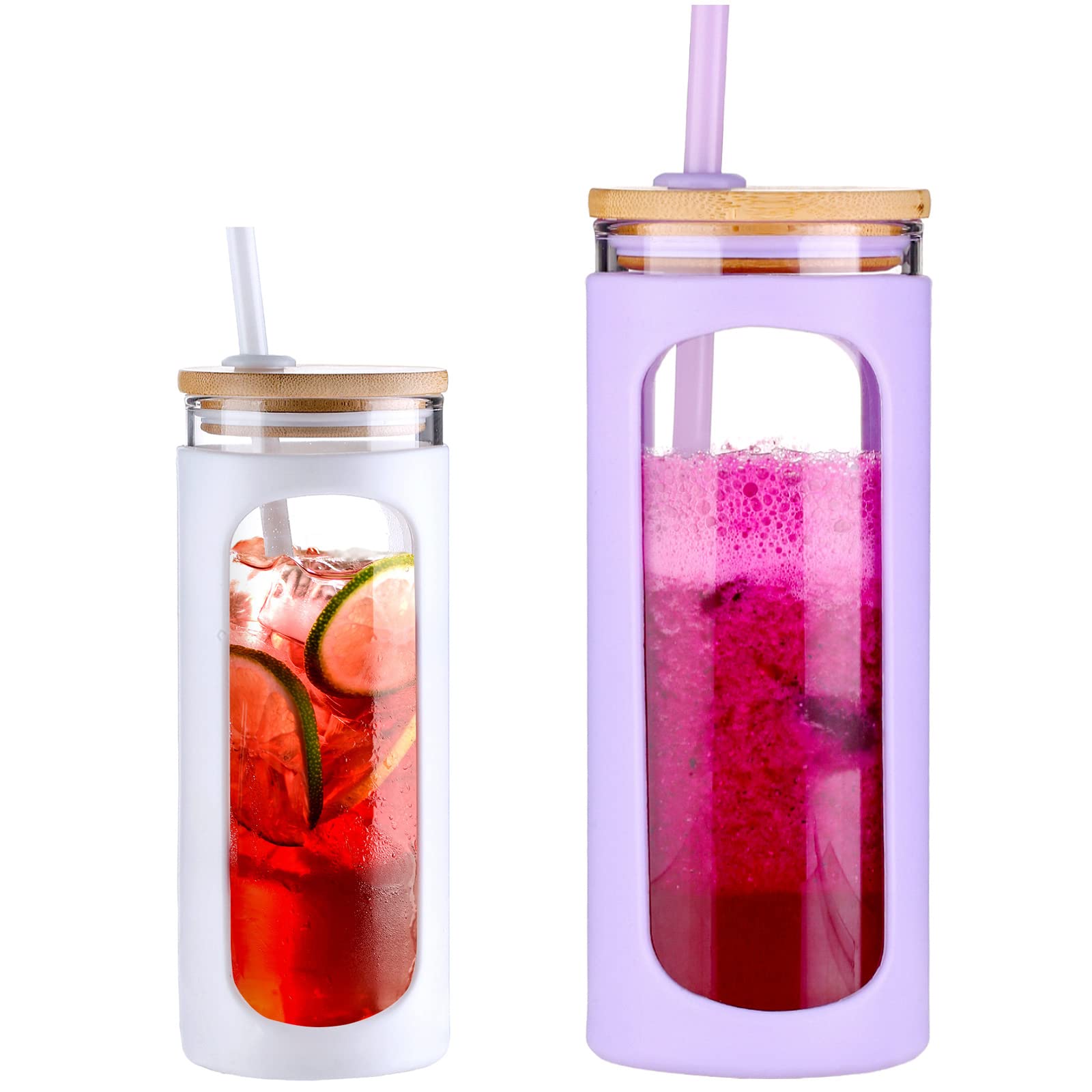 KodrineGlass Tumbler with Straw and Lid, 20oz Glass Coffee Tumbler with Bamboo Lid, Iced Coffee Cup Silicone Protective Sleeve BPA Free- White & Purple