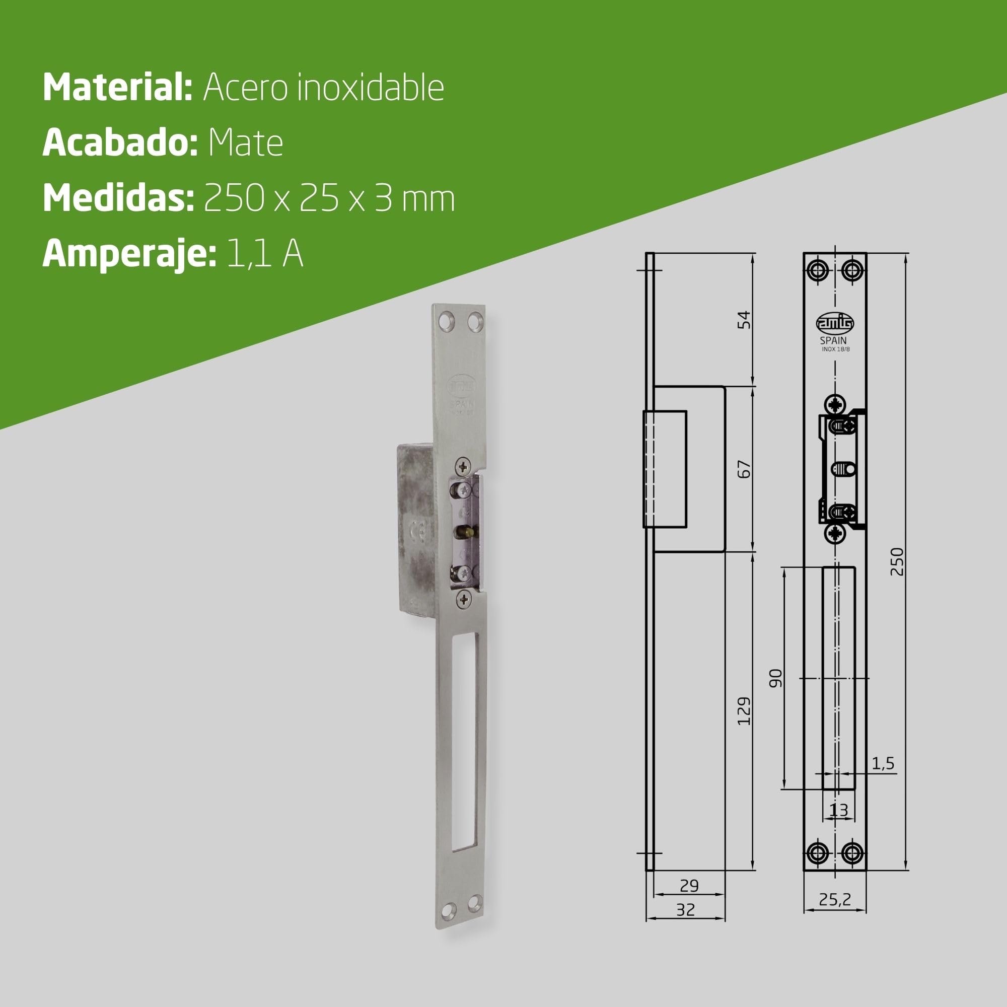 Amig - Abrepuertas Eléctrico de Embutir para Puertas - Mod.20-250 x 25 x 3 mm - Amperaje: 1,1 A - Incluye Bobina de 8-12 V de Corriente Alterna - Cerradero para Portales, Tiendas u Oficinas