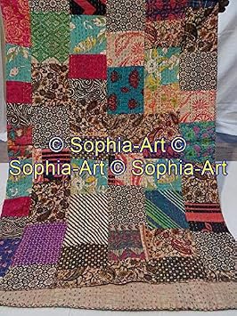 Sophia-Art Block Print Patch Work Kantha Quilt, Kantha Blanket Bedspread, Patch Kantha Throw, Twin Kantha, Kantha Rallies Indian Quilt