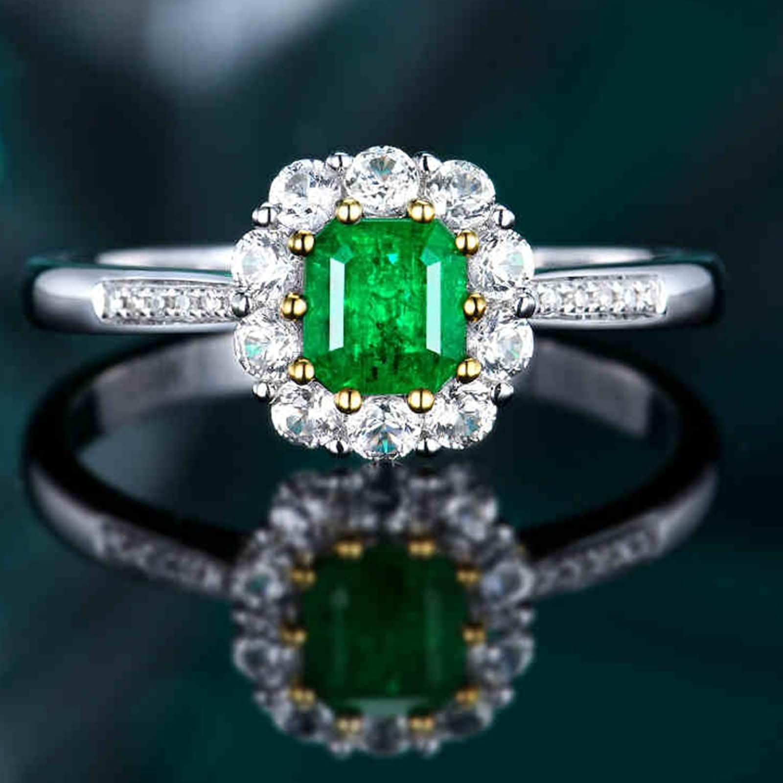 9K / 14K / 18K / 18K Białe złote obrączki ślubne ze szmaragdem kwadratowym i diamentem, pierścionek damski ślub zielony srebrny