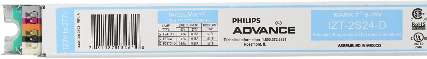 Advance IZT-2S24-D Dimmable Fluorescent Ballast, F24T5HO, 2-Lamp, 24W T5/HO, 120-277V
