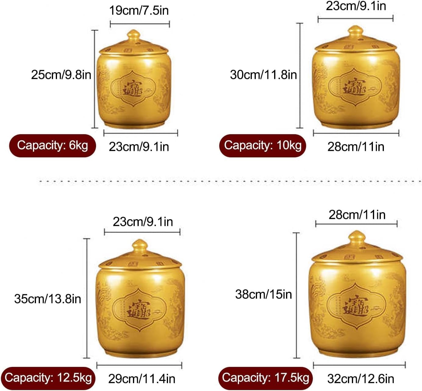Ceramic Rice Bucket with Lid, Chinese Design Rice Storage Container Dispenser Gold C 38x32cm/15x12.6in