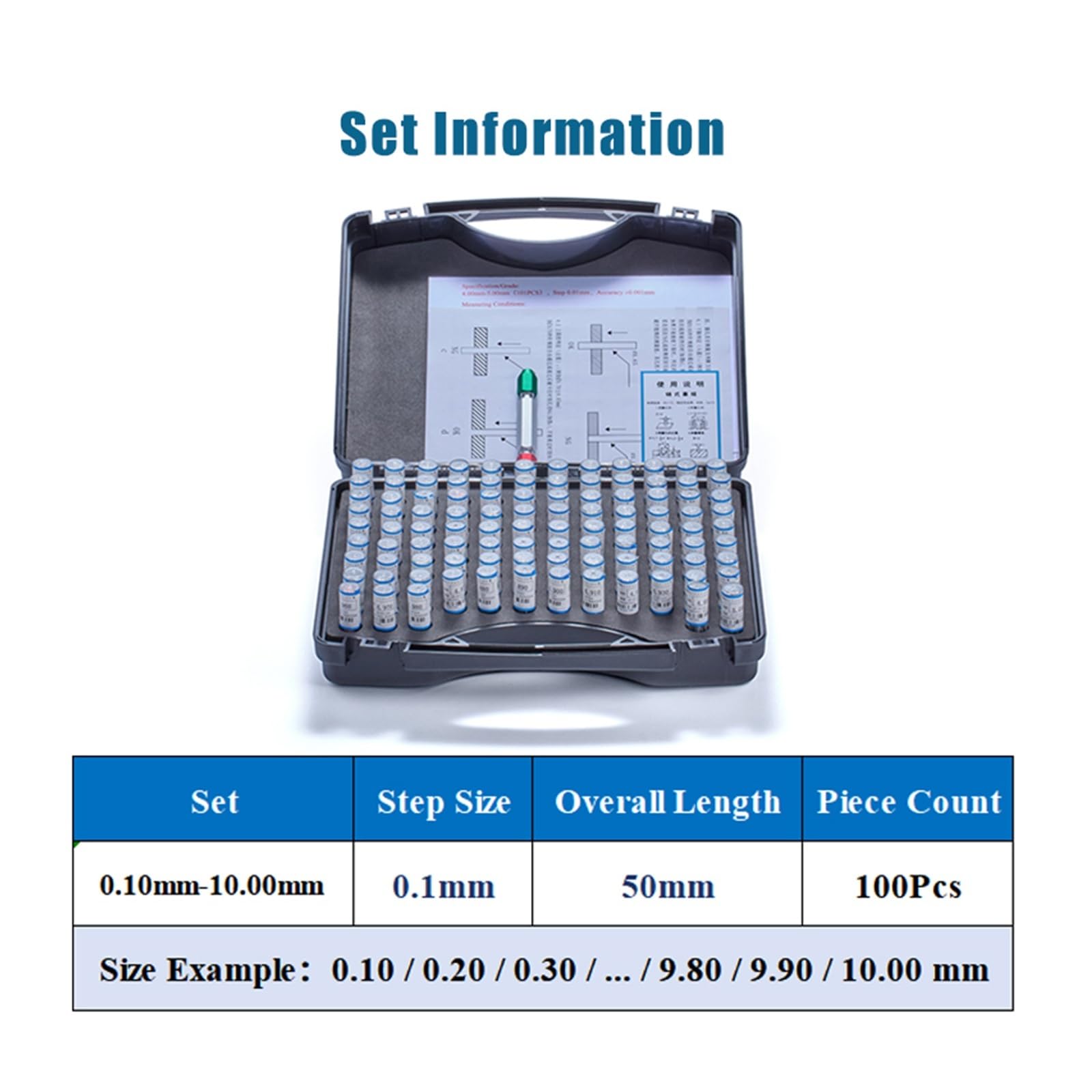 Juego De Calibradores De Precisión De 10mm, Paso 0,01/0,05/0,1mm, Herramientas De Inspección Y Calibración De Micrómetro De Acero Medición precisa(0.10-10.00mm 100Pcs)