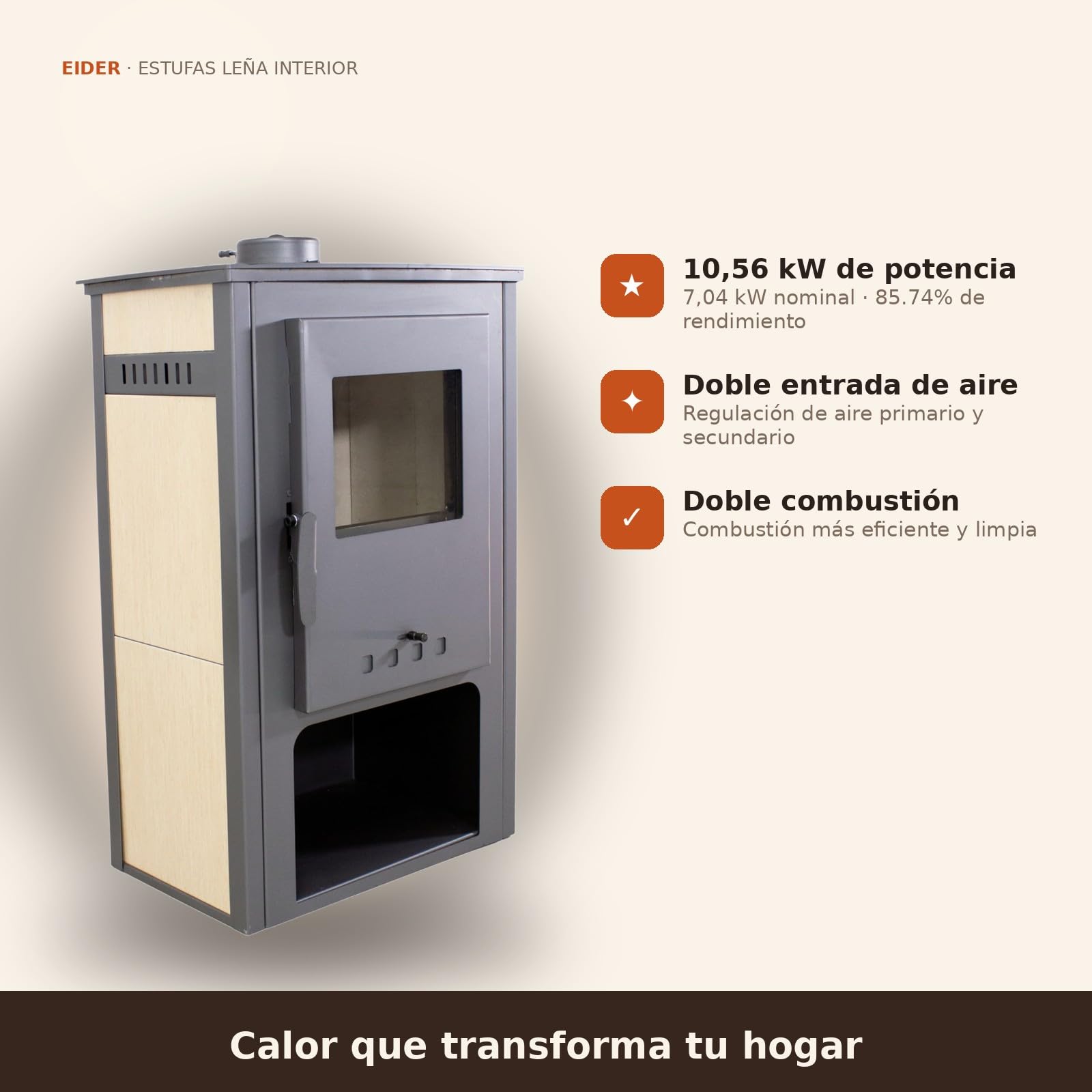 EIDER BIOMASA Estufa de Leña SAMIRA – 10,56 kW – Rendimiento 85,74% – Hasta 145.0 m³ – Doble Combustión – Certificada CE