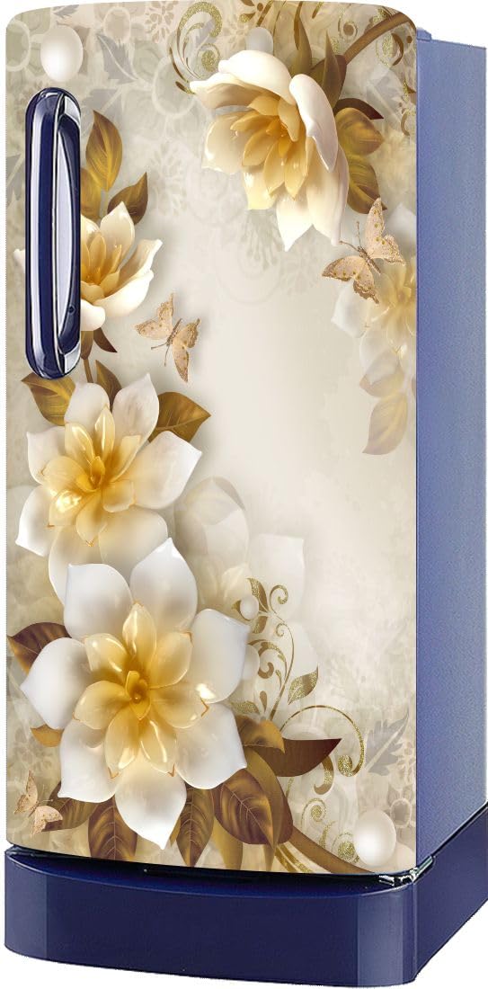 3D Floral Single Door Fridge Sticker | Waterproof Self-Adhesive Vinyl Refrigerator | Door Wrap for Kitchen Decor | Peel & Stick Fridge Sticker (24X48 Inch) (Golden White Floral)
