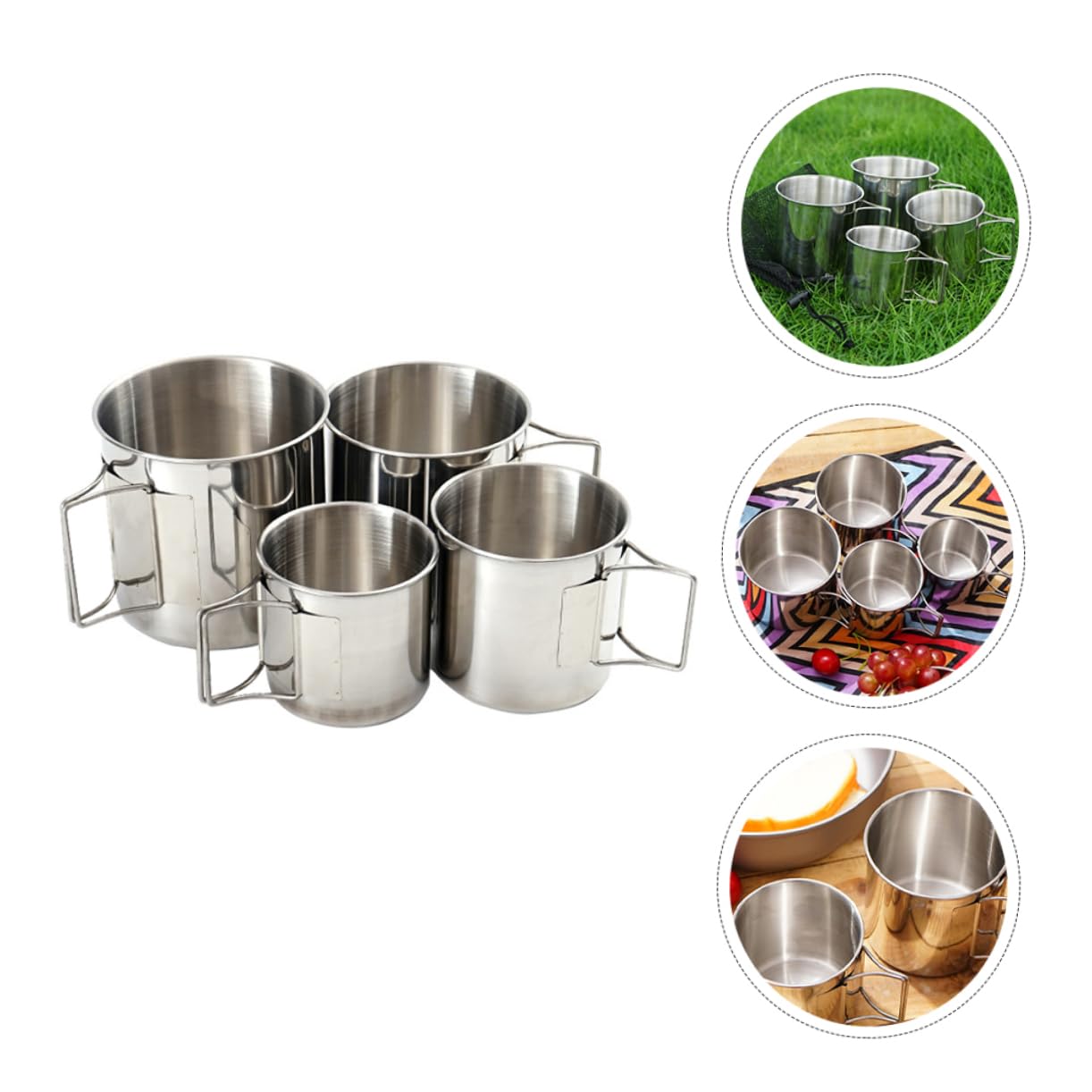 SKISUNO 4pcs Stainless Steel Cup Rice Bowl Mug Cup Stainless Steel Mug Water Container Outdoor Camping Mug Foldable Camping Folding Handle Metal Folding Drinking - Image 2