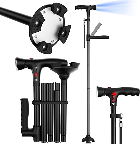 Bastón plegable con luz LED, bastones ajustables y bastones para caminar para personas mayores, bastón para adultos mayores con mango acolchado en T