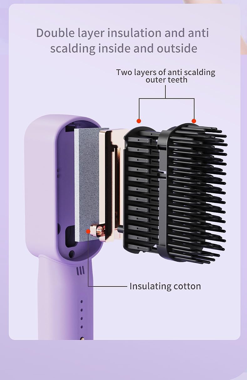 Cross-section view of the Wireless Hair Straightening Comb showing double layer insulation and anti-scalding features, including two layers of anti-scalding outer teeth and insulating cotton.