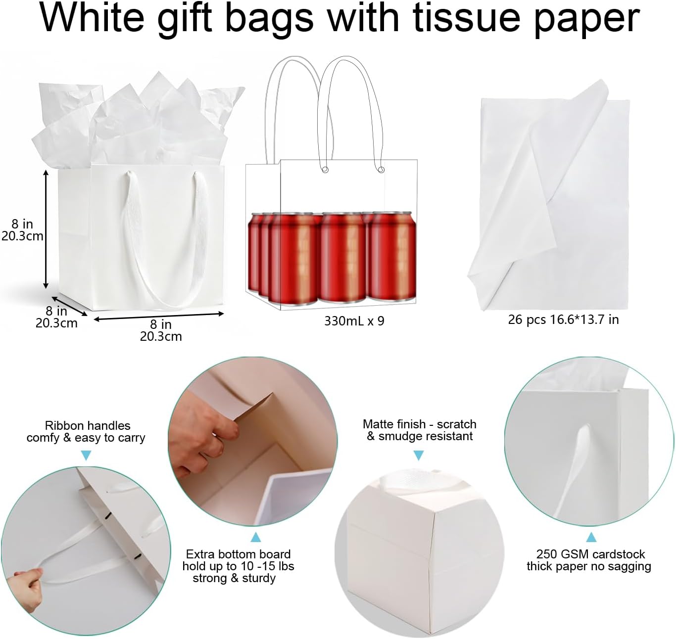 Aosric White Gift Bags with Tissue Paper, 24 Pack 8x8x8 In Square Reusable Goodie Bag for Christmas Gifts, Halloween Treats, Wedding, Baby Shower, Birthday Party Favor, Return Gifts