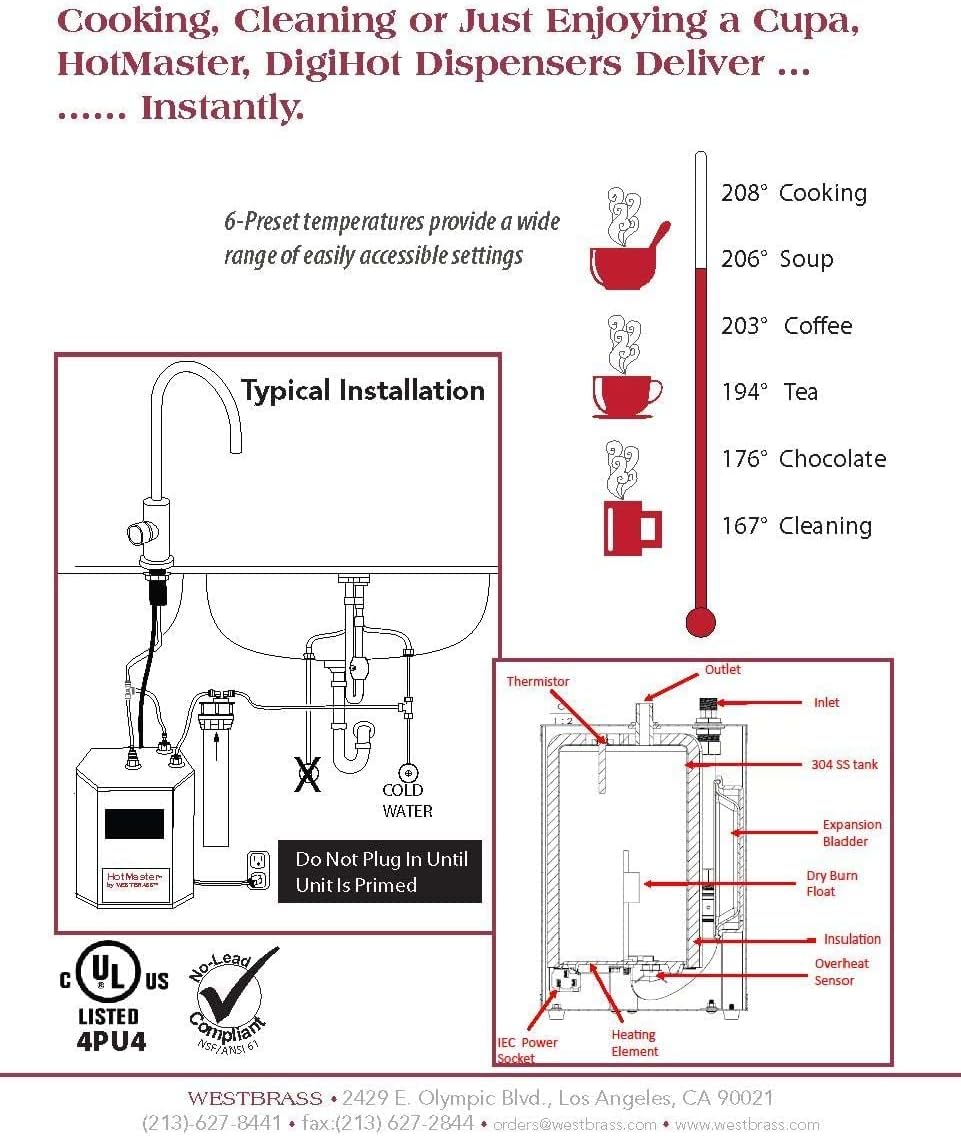 Westbrass DT1F272-62 Develosah 9" 2-Handle Instant Hot and Cold Water Dispenser Faucet with HotMaster DigiHot Digital Tank System, Matte Black : Everything Else