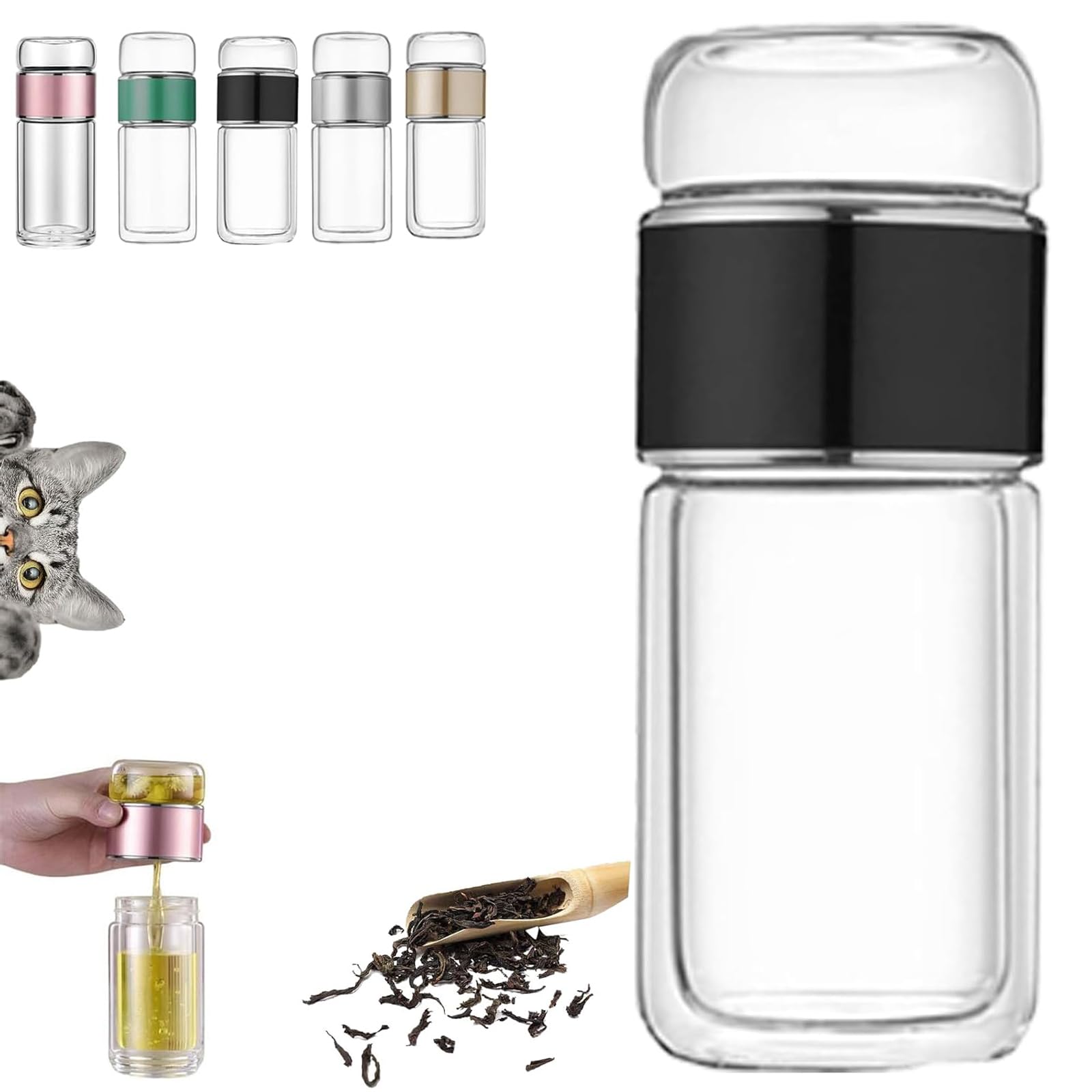 Glass Infuser, Double Layered Glass Tea Separation Cup, 3-in-1 Smart Tea Infuser, Portable Loose Leaf Tea Maker for Home, Office, or Travel Use (Black, 280ml)