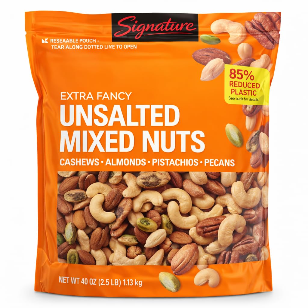 Signature Extra Fancy Unsalted Mixed Nuts, 40 Oz Resealable Pouch, Cashews Almonds Pistachios Pecans, Premium Mixed Nut Snack, Large Family Size Bag