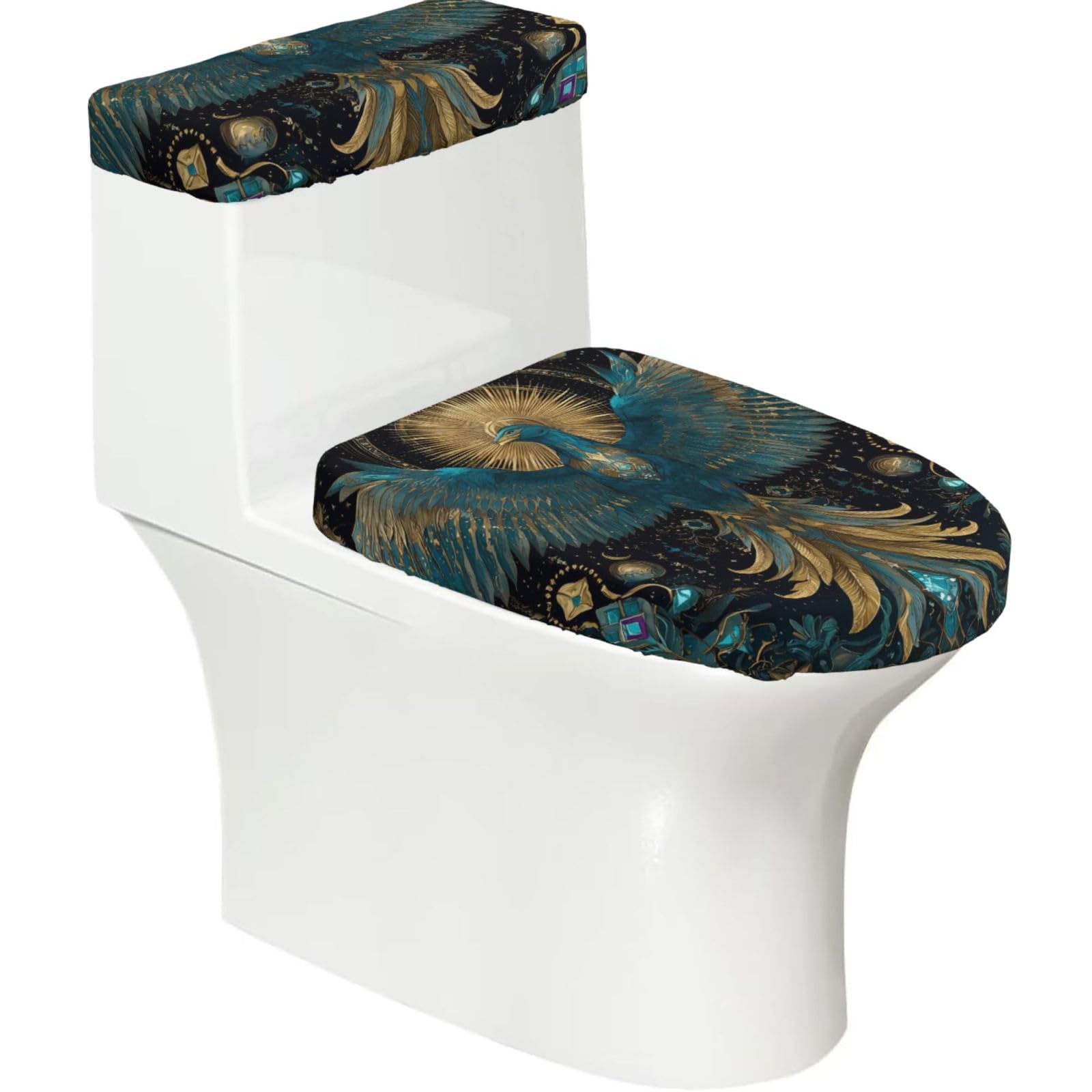 X Psblty Phoenix Toilet Seat Cover Set 2 Piece Bathroom Decor Toilet Lid Cover With Tank Top Cover Stretch Fit Soft Fabric For Home 15-21 Inch