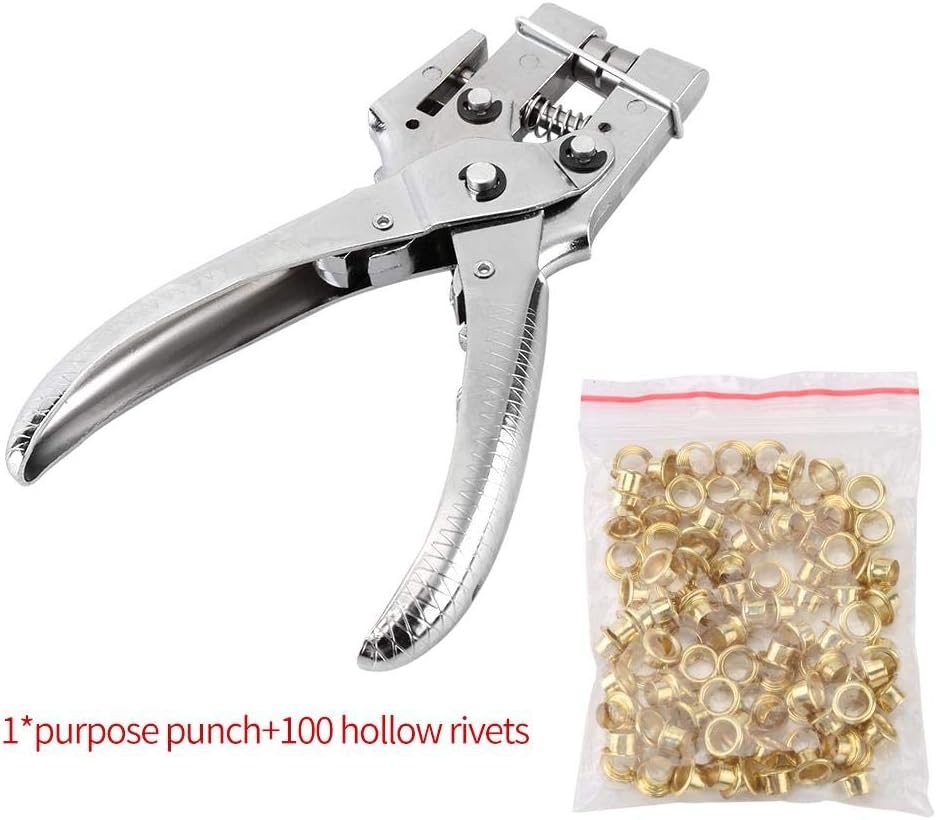 Hand Rivet Nut Setter Pliers, Rivet Setter Punch Pliers Belt Holes Eyelet Setting Tool with 100pcs Easy Press Hollow Grommets