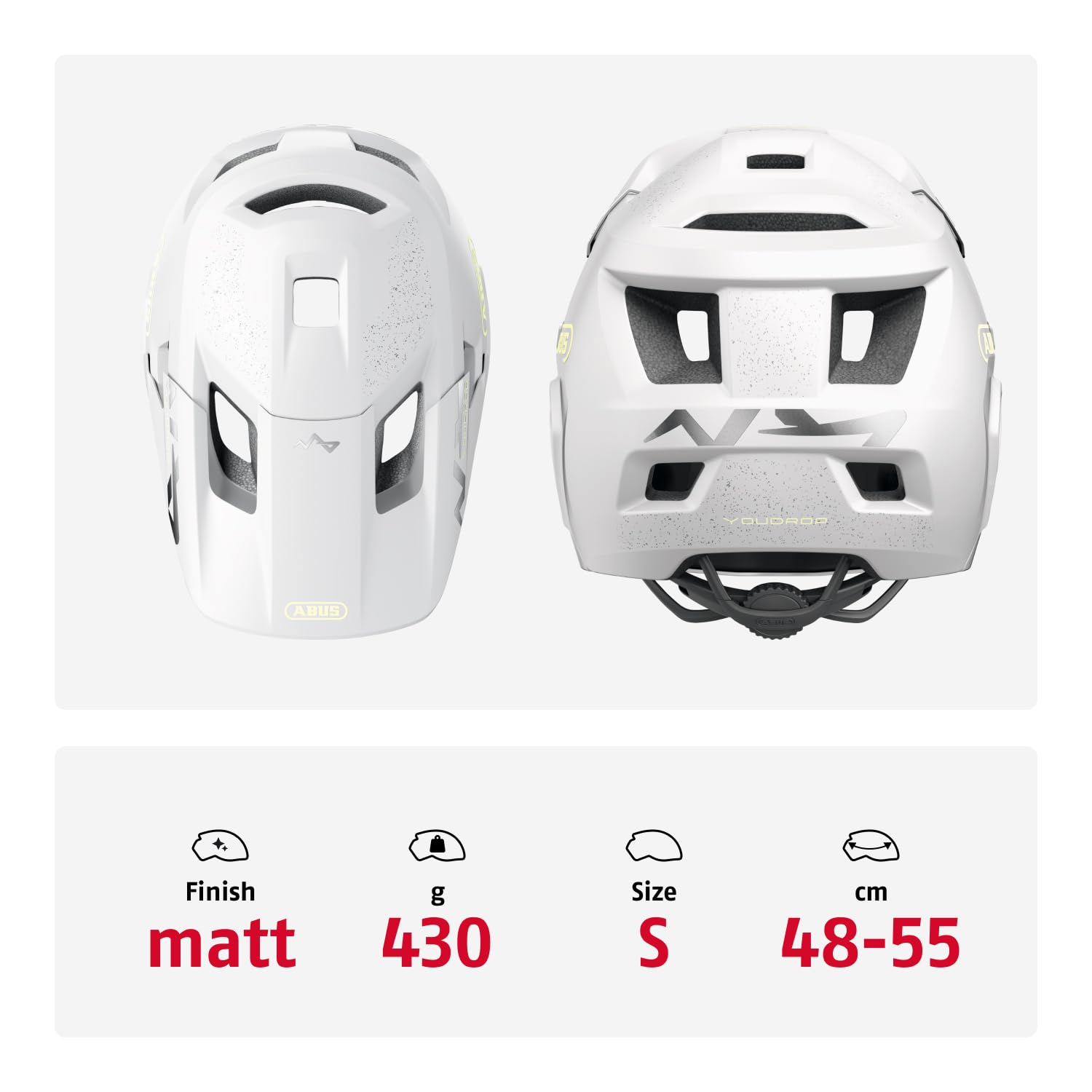 Casco ABUS MTB YouDrop FF - Casco fullface para niños y jóvenes - para iniciarse en el Ciclismo de montaña - con Protector de Barbilla extraíble - Blanco, Talla S