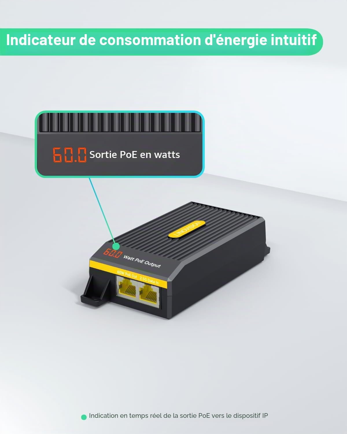 LINOVISION Injecteur PoE++ 2,5 G BT 60 W avec écran LED pour Indiquer la Puissance de Sortie, injecteur PoE IEEE 802.3bt à Port Unique pour caméras PTZ, éclairage PoE, Points d'accès WiFi 6