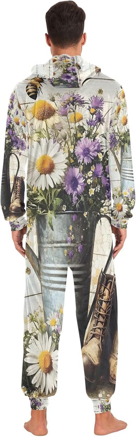 White Daisies Bees Western Cowboy Boots Unisex Adult Onesie Pajamas Comfy One Piece Costume Jumpsuits Novelty Sleepwear Homewear for Men Women