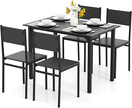 GiantexUK 5 PCS Dining Room Set, Metal Frame Dining Table and Chairs Set with Backrest & Anti-Slip Foot Pads, Industrial Breakfast Furniture Set for Kitchen Living Room Bistro Gray+Black | Metal Frame Industrial Dining Table and Chairs Set with Backrest & Anti-Slip Foot Pads for Kitchen Living Room Bistro