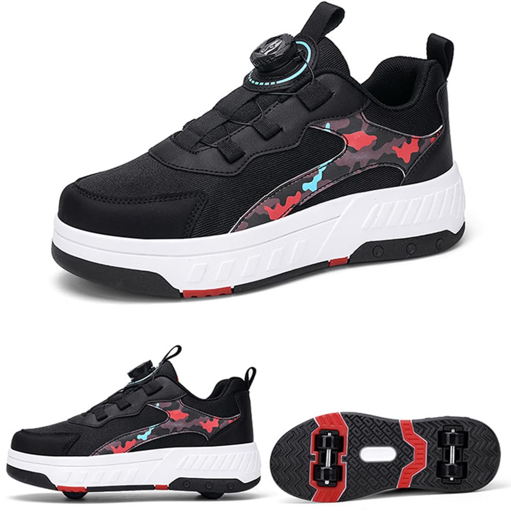 Hixingo Chaussure a Roulette pour Fille Garçons, Camouflage Chaussures a roulettes Retractable avec 4 Roues Chaussures de Skateboard Patins à roulettes Basket à roulettes pour Enfants Filles Adulte