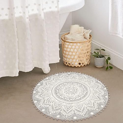 Miniatura 5 de Uphome Alfombra redonda pequeña de 2.3 pies, diseño de mandala gris, bohemio, con pompones, flecos, lavable, tapete de ducha circular suave,
