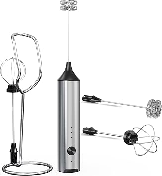 Handheld Milk Frother Wand Rechargeable with Stand - Stainless Steel Double Whisk Milk Frother Handheld -Coffee Stirrers Electric Drink Mixer - Coffee Frother (Silver)