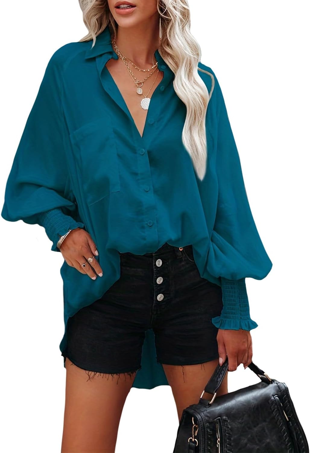 Womens Casual Long Lantern Sleeve Blouse V Neck Button Down Pocket Shirts Loose Casual Tops for Women