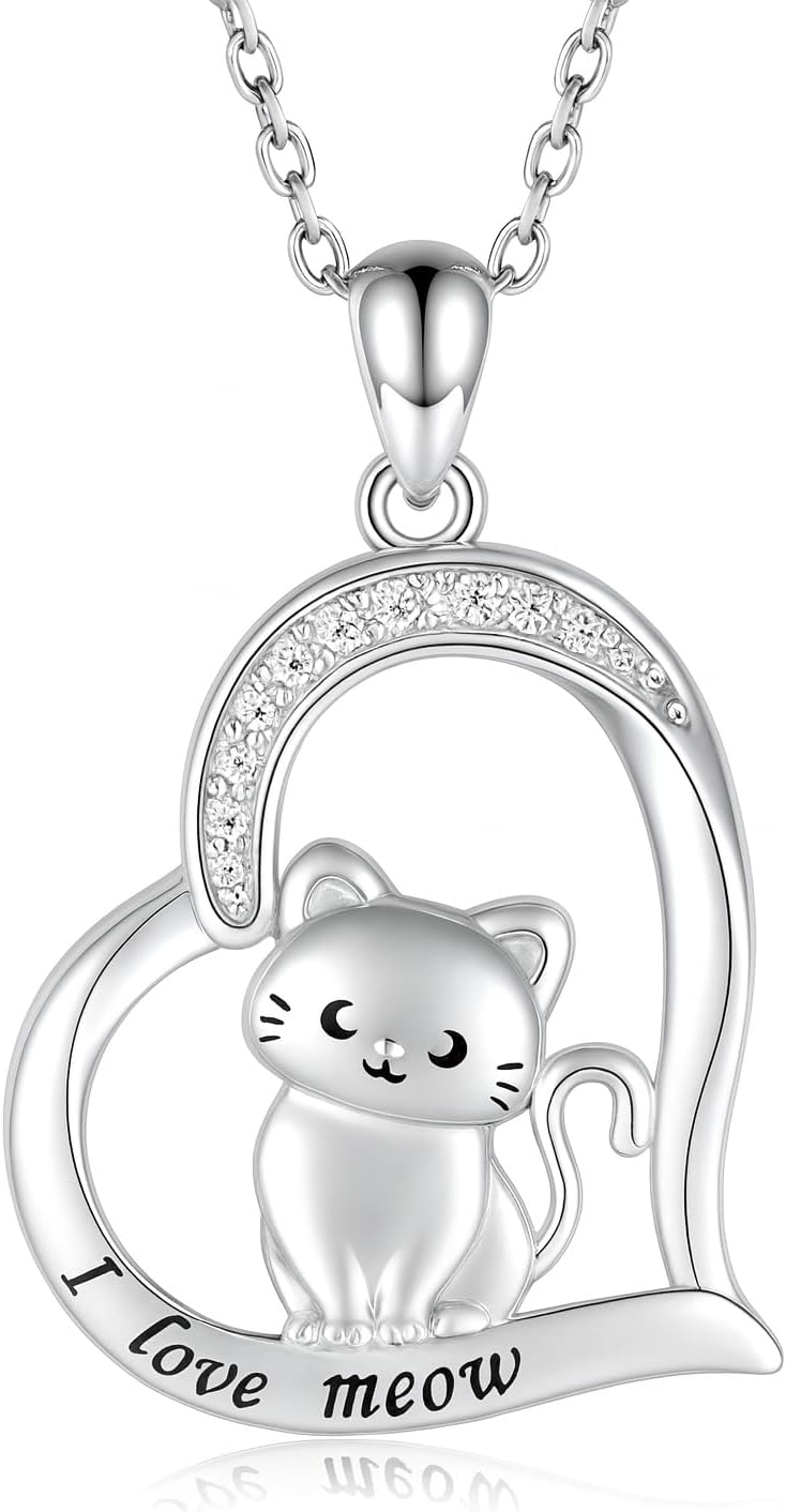 Stainless Steel Cat Moon Heart Star Flower Necklace with Crystal Pendant, 8 Designs - Cute Heart Necklace, With Black Cats, Charming in Rose Gold - Stylish Gift for Women & Party Accessory (Kitten)