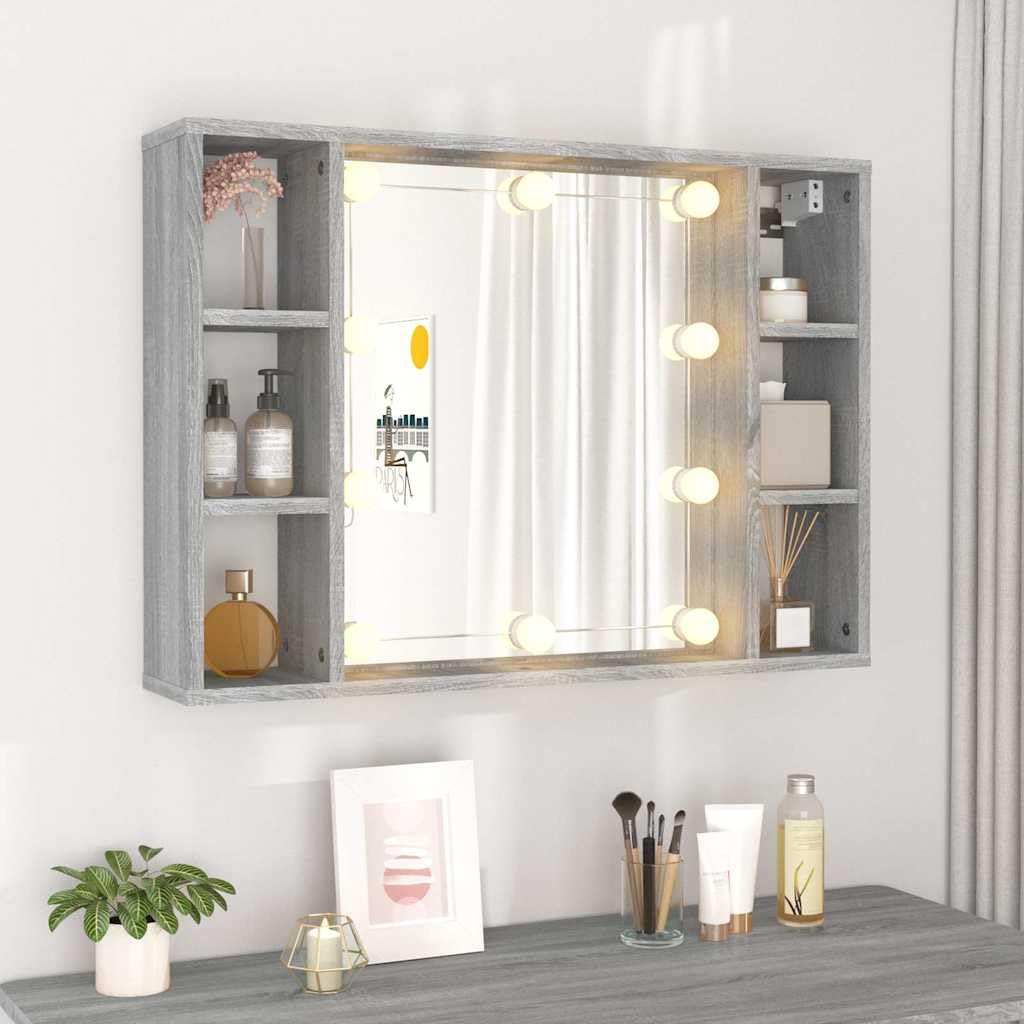 Szafka z lustrem LED Sonoma szara, 76 x 15 x 55 cm, do łazienki i sypialni, z dużą ilością miejsca do przechowywania, montaż ścienny, trwały materiał drewnopochodny, oświetlenie USB