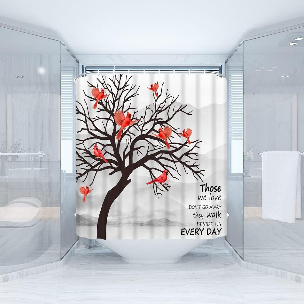 Sunhe Tree Shower Curtain Abstract Black Leafless Tree Trunk Red Birds Autumn Fall Winter Forest Branch Nature Rustic Vintage Bathroom Decor Fabric Curtain with Hooks